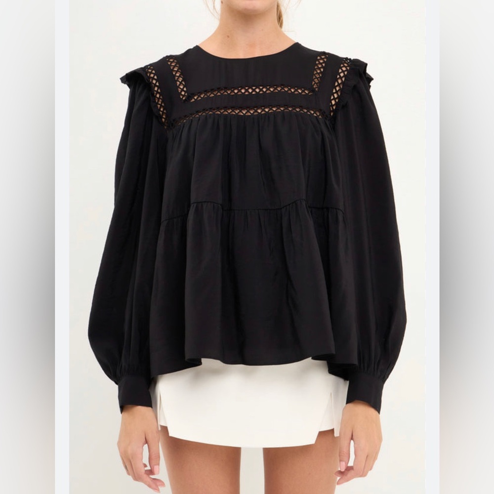 NWT Anthropologie English Factory Black Ruffle Lace Insert Top Tiered Lined Sz L